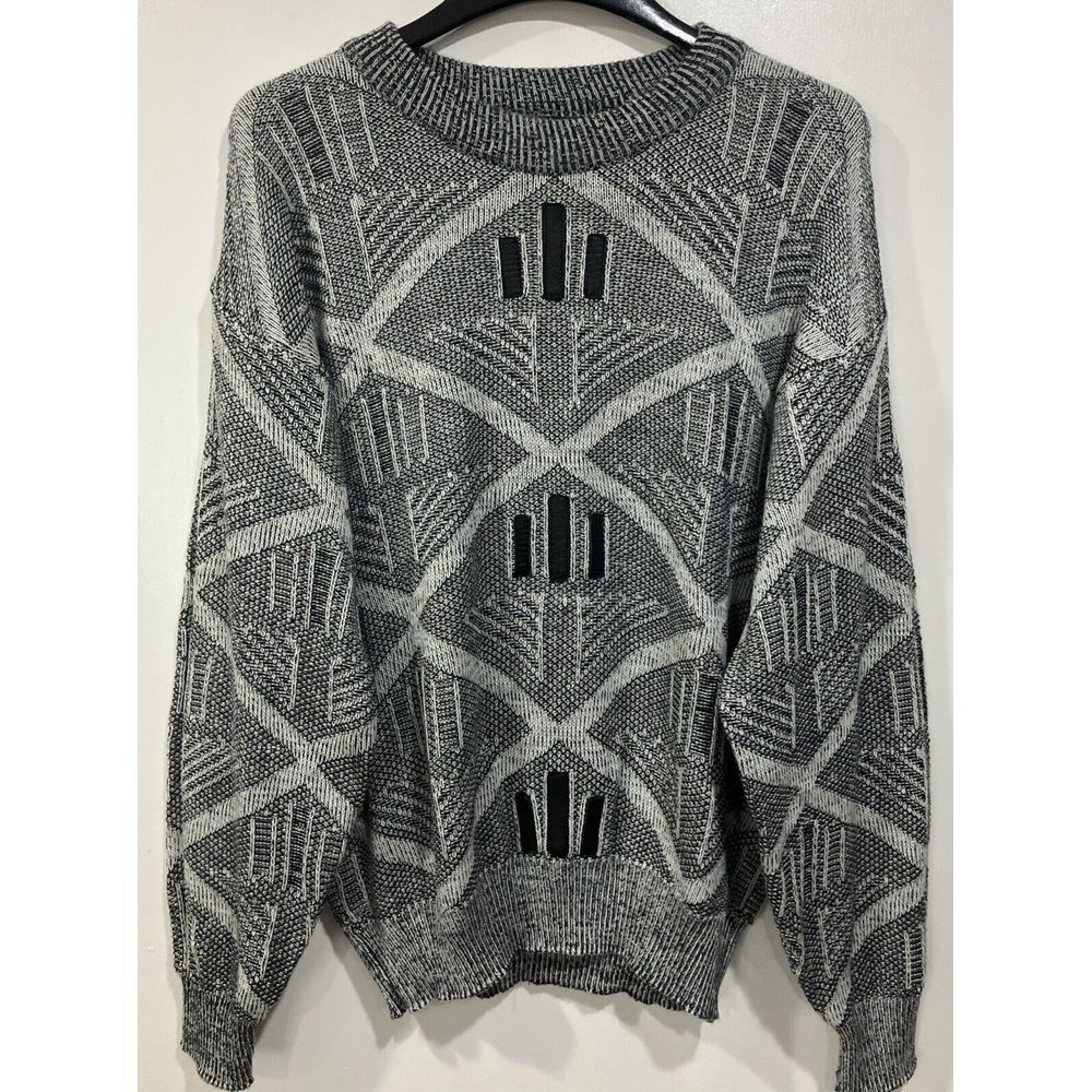 Vtg SASSON Crewneck Knit Sweater‎ Men's XL White Black Geometric Leather Accents